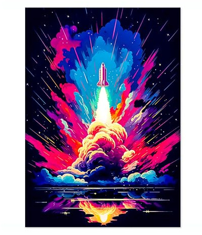 Spaceship Space Poster, Colourful Abstract Astronomy Wall Art Home Decor, Astronaut Planets Print, Archival Matte, A3 (Print Only) - 42x29.7cm