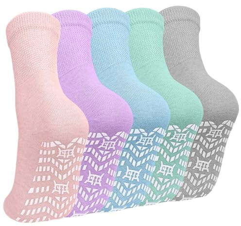 ZAKASA Non-slip Womens Slipper Socks: Grip Socks Womens Cotton Hospital Anti Skid Sock Women Athletic Grippy Sock with Non Elastic Cuff 5 Pairs