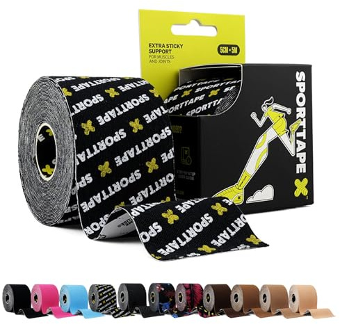 SPORTTAPE Kinesiology Tape, 5cm x 5m, Brand - Waterproof, Hypoallergenic | Kinetic Physio Tape for Muscle Injury Recovery, Sports Strapping, Knee Pain, Joint Support & Blisters - Single Uncut Rolls