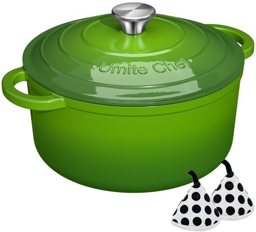 Umite Chef Olla holandesa de hierro fundido esmaltado de 5 cuartos con tapa, resistente, utensilios de cocina para hornear pan, estofar, guisos, asar, ideas de registro de boda y regalos (verde)