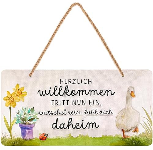 LANOLU Retro Blechschild HERZLICH WILLKOMMEN Schild - willkommen Deko Garten, Schild für Haustür und Eingangstür mit Spruch - Willkommensschild als Türdeko mit Jutekordel 16x32cm