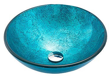 JKJZSALJ Lavabo De Baño Redondo De Vidrio Templado Azul Cielo con Encimera, Lavabos De Tocador Artísticos Modernos, Lavabo De Vidrio con Desagüe Emergente