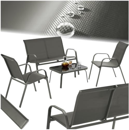tectake® Conjunto Jardin Exterior para 4 Personas, Muebles Jardin Exterior con Estructura de Acero, Mesa con Vidrio de Seguridad, Muebles Terraza y Sofa Terraza - Antracita