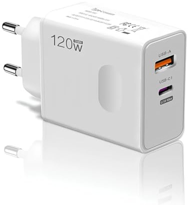 Caricatore Rapido da Muro 120W USB-C e USB-A Multiplo, Power Delivery 67W + Quick Charge 67W, Spina Europea, Adattatore per Laptop, Smartphone e Tablet iPhone Samsung – Bianco
