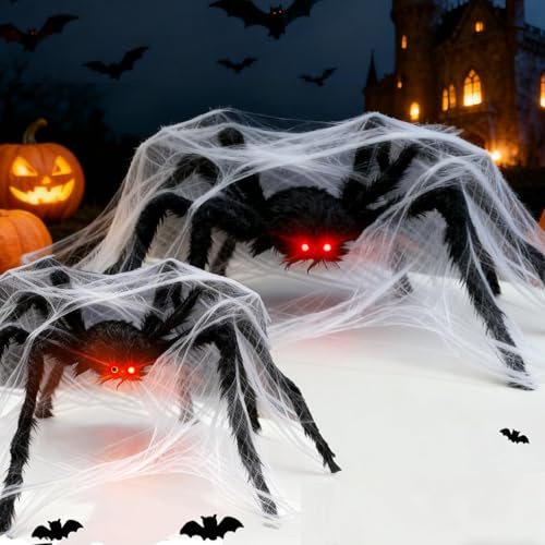 Halloween dekoration utomhus spindel 2025, 2 st halloween spindlar, 50 cm + 30 cm jättespindel, hårig spindel, svart hårig monster falsk gigantisk spindel för utomhusbruk inomhus, fest trädgård
