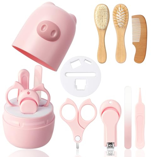 HAGOT 7-in-1 Babypflege Set mit Baby Nagelschere, für Fingernägel und Fußnägel, mit Nagelknipser, Nagelschere, Nagelfeile, Nasenpinzette, Babybürste, kleinen Flachkamm und Ballonkamm, Rosa
