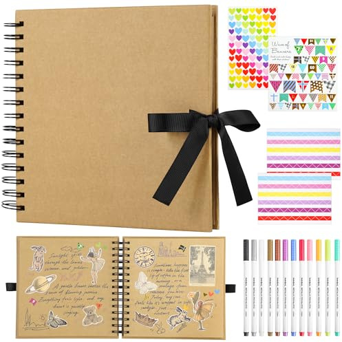 80 Pages Scrapbook Photo Album 20.5×20.5cm Square DIY Memory Book | Uncle Paul 250GSM Kraft Brown Paper Scrapbooking Kit 15 Rings for Wedding Birthday Christmas DS01SKP40