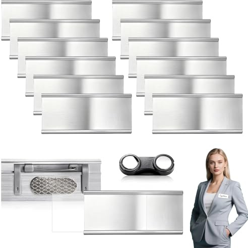 XTUDOU 24 stycken aluminium namnskyltar med magnet, papperstråg, namnplåtsmagnet, magnetisk aluminium namnskyltar lämpliga för utställningar, kontor, restauranger och skolor (silver)