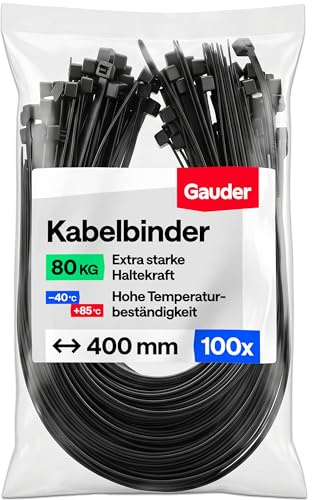 GAUDER Fascette nere (80 kg resistenza) - Extra forti e lunghe per gestione cavi, recinzione, giardino, cantiere & officina - Resistenti UV per esterni (100 pezzi - 400 mm x 8,8 mm)