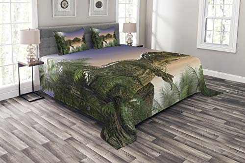 ABAKUHAUS Jurassic Tagesdecke Set, Dinosaurier im Dschungel, Set mit Kissenbezug Feste Farben, für Einzelbetten 170 x 220 cm, Grün Blauer Pfirsich