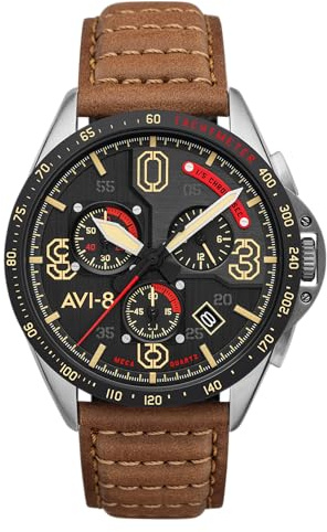 AVI-8 Mens 43mm P-51 Mustang Blakeslee Chronograph Bronze Oak Japanese Meca-Quartz Pilot Watch with Leather Strap AV-4077-02