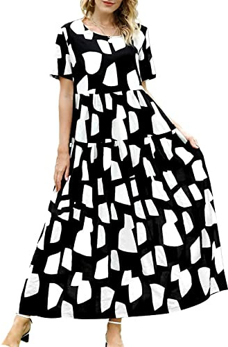 YESNO Women Short Sleeve Boho Summer Maxi Dress with Pockets EJFUK | Lightweight breathable fabric, loose flowy maxi fit. Versatile summer dress for beach, vacation and daily casual wear