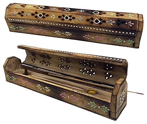 Bruciatore incenso (incensario) scatola di legno decorata a mano in India - Esclusivo disegno di sponde bianche ed elefanti 30,5 x 6,2 x 5,5 - - Peso 240 g. Porta incenso legno