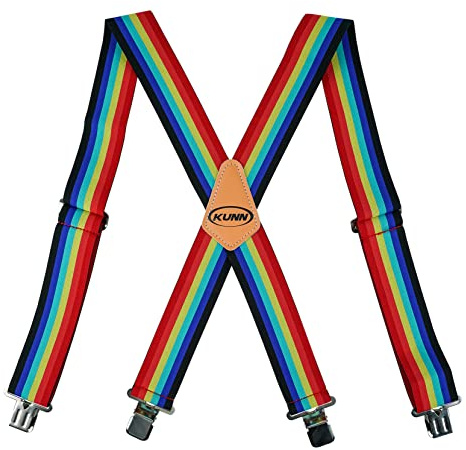 KUNN Men's X-Back Heavy Duty Metal Clip 2 Inches Wide Elastic Rainbow Suspenders