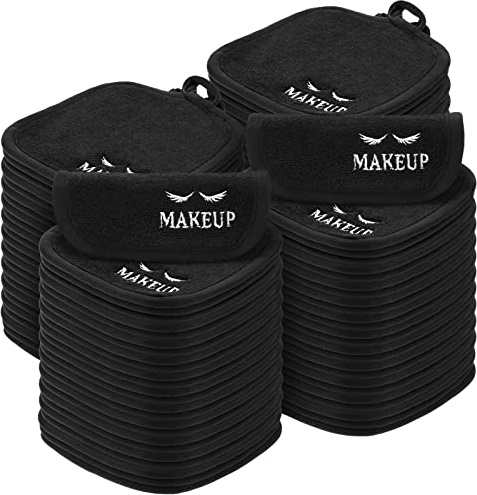 Queekay 48 Pcs Makeup Remover Cloths Reusable Washable Remover Pads Soft Microfiber Face Towels Facial Cleansing Cloths for Face Hand Eye Lips Bathroom Gift for Women 5 x 5 Inch(Black)
