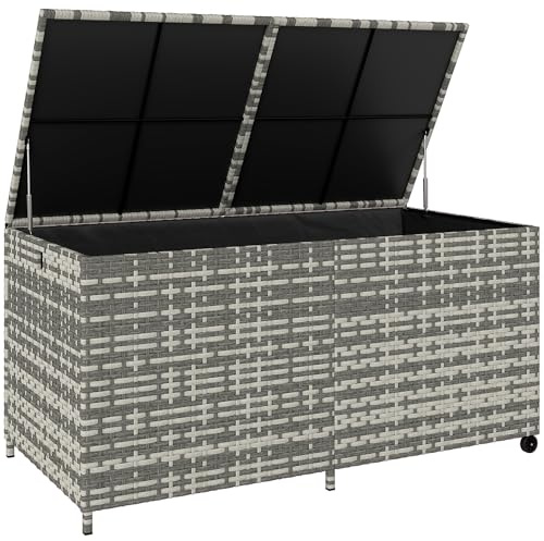 Outsunny Coffre de jardin en résine tressée, coffre de rangement extérieur 650 L imperméable avec doublure zippée, tige pneumatique sécurisée, 2 roues, pour jardin, balcon, 150 x 75 x 74 cm, gris