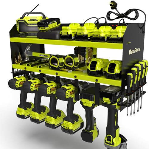 Toolganize Organiseur d'outils électriques, étagère de rangement avec station de charge multiprise, robuste pour outils d'atelier et de garage – 6 emplacements, vert acide Ryobi.