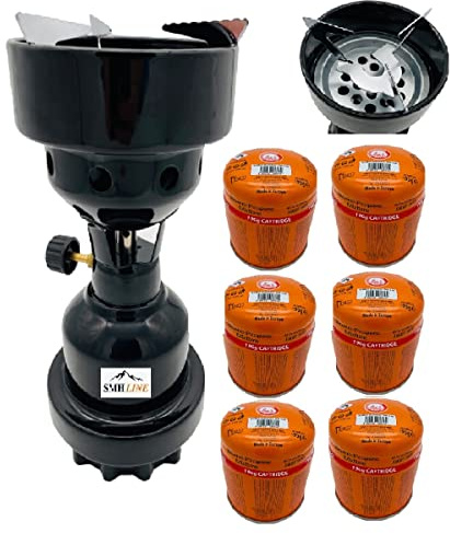 SMH LINE® Campingkocher Kohleanzünder Gaskocher Grillanzünder + 6x Gaskartuschen 190g Stechkartuschen Butan Propan Mix Metall Gasbrenner Grill Camping Outdoor (Schwarz + 6x 190g Gaskartuschen)