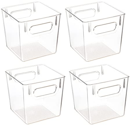 Amtido Clear Plastic Storage Bins for Fridge-Freezer, Cupboard, and Pantry Tidy - Kitchen Organiser for Food, Fruit, Vegetable, Cleaning Products & Household Items (4-Pack - Compact 15.5cm x 15.5cm)