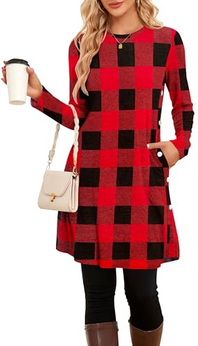 NARRAME Abito in Maglia da Donna Primavera Autunno Manica Lunga Bottoni Causali Abiti da Donna Laterali con Tasche Grandi Scozzesi Rosso Nero