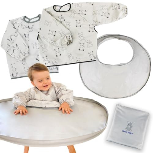 HELLO HIPPO® Kit de 2 babero y bandeja de aprendizaje impermeable gris estampado para trona de bebé - Babero + bandeja de aprendizaje con ventosa - Babero con fundas para dar de comer, pintar, dibujar