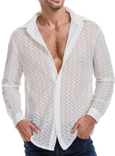 Duohropke Herren Mesh Shirt Männer Transparent Shirts Langarm Hemd Durchsichtig Clubwear Langarmshirt Transparent Netzhemd Mesh Top Netz Shirt Hemd Unterwäsche Unterhemd Untershirt Netzhemd