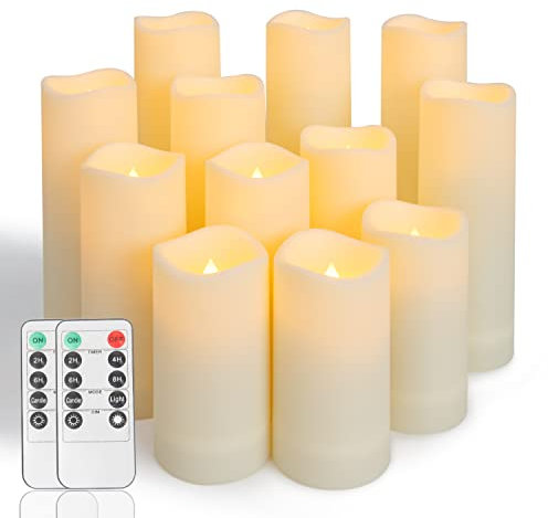 Ulanox LED Battery Operated Flameless Flickering Candles, Set of 12 Electric With Remote & Timer for Christmas, Halloween, Birthday, Wedding Decoration (D:2.2'' x H:4''5''6''7'')