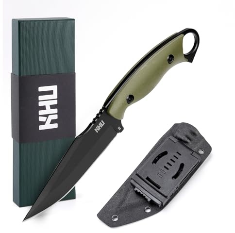KHU Cuchillo Hoja Fija, Cuchillo Supervivencia Cuchillo Caza Cuchillo Bushcraft D2 Acero Mango de G10, Outdoor Caza Camping Accesorios - Funda Kydex - 17A