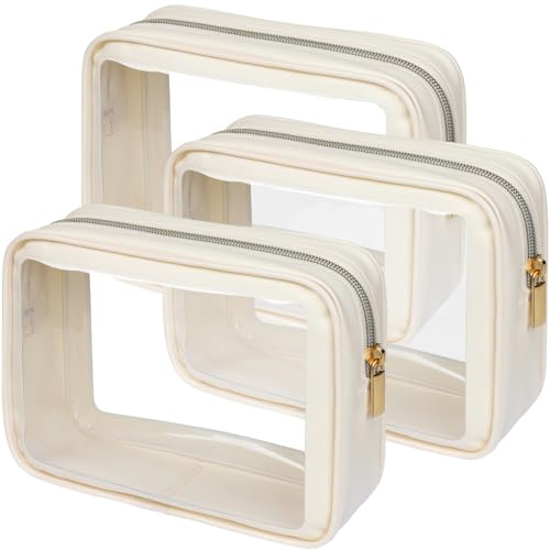 PACKISM Clear Makeup Bag 3 Pack Medium - Foldable TSA Approved Toiletry Bag Quart Size for Travel Bottles, Water Resistant Multipurpose Car Storage Organizer with Reinforced Seams, Beige