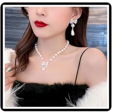 Bröllop pärla hjärta halsband örhängen set kristall fjäril rosett halsband uppsättningar brud strass rosett knut tofsar kedja smycken för kvinnor, Legerat stål Falsk pärla Legerat stål