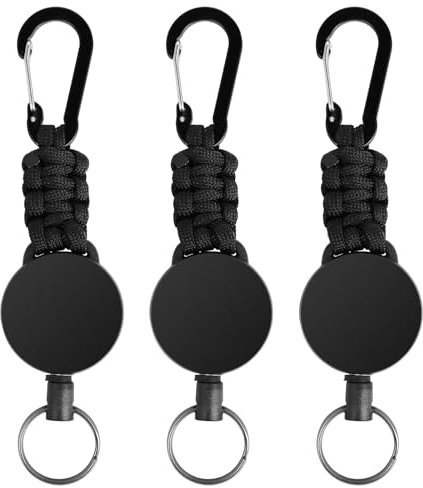 Flearitzo 3 PCS Llavero Retráctil - Llavero Extensible Retráctil Mosquetón con cuerda de acero extensible de 60 cm con cordón extensible, adecuado para soporte de tarjeta de ID(Negro)