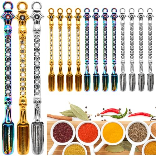 12 Pcs Mini Shovel Spoons with Rhinestones, Colored Gold and Silver-White Tiny Metal Spoon Pendants for Necklaces and Keychains, Small Powder Scoops for Spices, Herbs, Glitter, and DIY Crafts