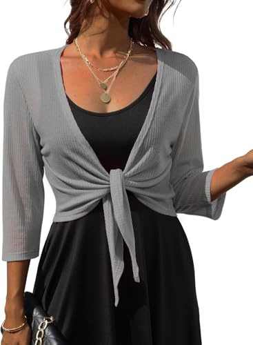 PrinStory Shrugs For Women V Neck Casual Lightweight Tie Front Shrugs 3/4 Sleeve Soft Top