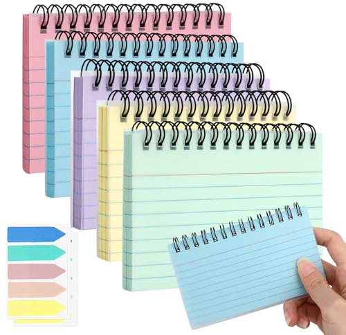 250 stycken indexkort linjerade 5 färger, indexkort stora färgglada inlärningskort barn, tillbaka till skolan ren tjej spiral flashkort med transparent täckning 12,5 x 7,5 cm, indexkort med 200 flikar