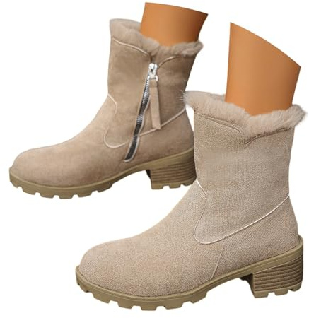 Generisch Botines para mujer, botas cortas de tacón cuadrado, elegantes botines de invierno, botas de invierno monocolor, botas occidentales con cremallera, botines de entretiempo, beige, 40.5 EU