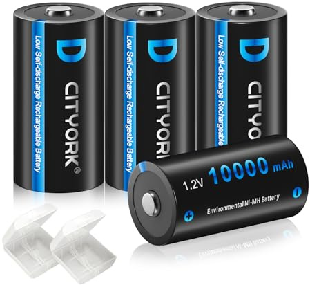 CITYORK D batterie ricaricabili, alta capacità 10000 mAh, NiMH 1,2 V, celle D, batteria ricaricabile con bassa autoscarica (4 pezzi)