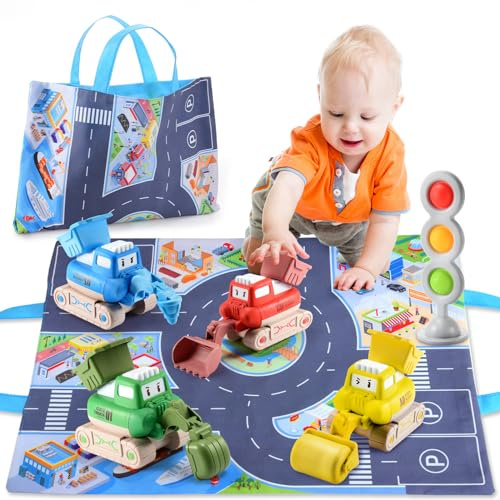 HappyGoLucky Kids Toys for 1 2 3 Year Old Boys, Digger Tractor Toy Cars 1 2 3 Year Old Boy Toys Gifts, 1st Birthday Gifts for Boy - Montessori Toys for 1+ Year Old, Kids' Play Vehicles Set