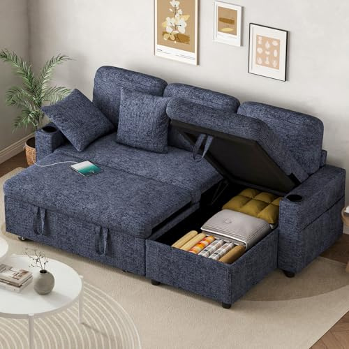 Corner Sofa Bed, L-Shaped Convertible Sleeper Sectional Sofa Bed with USB & Type-C Ports, Storage, Cup Holders and 2 Cushions, 3 Seater Chenille Pull Out Couch Bed for Living Room, Bedroom, Blue