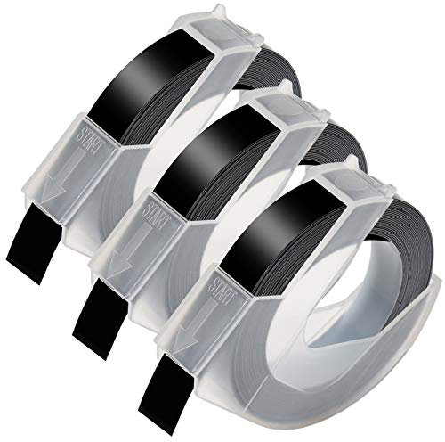 Willingood 3 Stück Etikettenband als Ersatz für Dymo Prägeband, Selbstklebend Vinyl Prägeetiketten 3D Prägegerät Band 9mm x 3m Kompatibel für DYMO Omega & Motex Etikettenprägegerät, Weiß auf Schwarz
