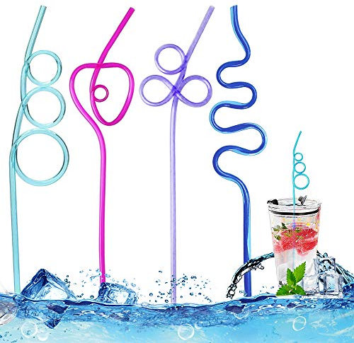 Cannucce di plastica riutilizzabili, colorate, per smoothie latte, tè e caffè, 12 cannucce lunghe in plastica per bambini e adulti (4 colori, 4 forme)