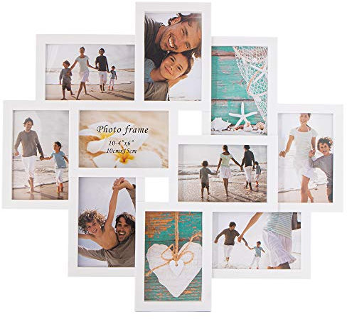 SPRINGOS - Cornice per 10 foto in plastica, collage fotografico, formato verticale e orizzontale, decorazione da parete, colore: bianco, 48,5 x 53 cm