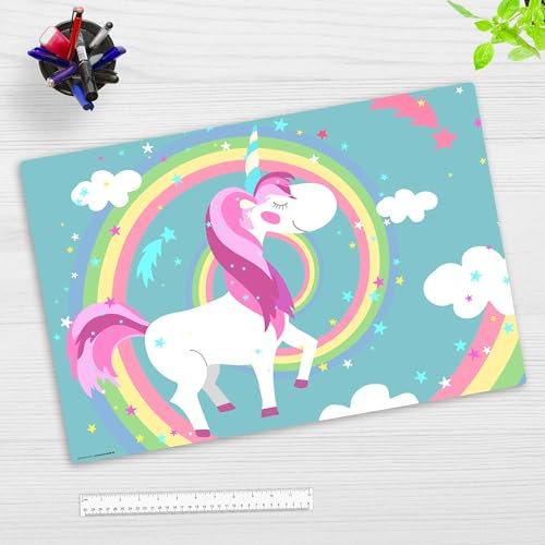 Schreibtischunterlage Kinder – “Einhorn mit Regenbogen“ – aus erstklassigem, strapazierfähigem Vinyl (Kunststoff) – 60 x 40 cm – Rutschfeste Schreibunterlage für besten Schutz – Made in Germany
