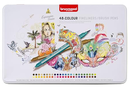 Bruynzeel Creatives Fineliner/Pinselstifte-Set mit 48 Farben | Dual-Tip-Stifte zum Schreiben und Zeichnen sowie für Malbücher für Erwachsene