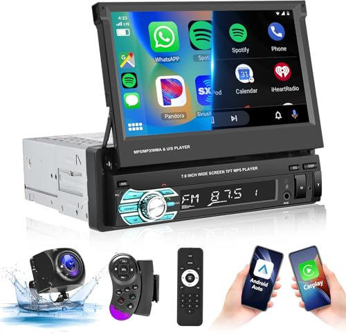 Podofo Carplay 7''Autoradio 1 Din Android Auto/Mirror Link mit Bildschirm Bluetooth/EQ/FM Radio mit Fernbedienung USB/Lenkradsteuerung/AUX/MIC/SD+AHD Rückfahrkamera