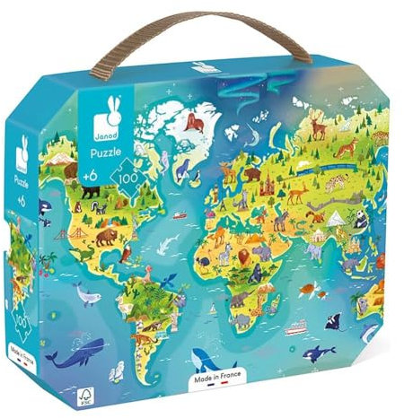 Janod - Kinderpuzzle Die Welt 100 Teile - Lernspiel Feinmotorik und Konzentration - Koffer mit Griff - Ab 6 Jahren, J02607