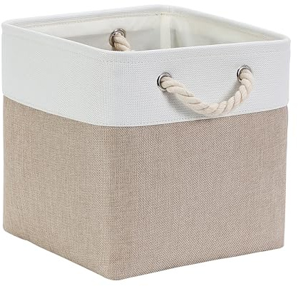 Mangata 28x28x28cm Cube Storage Boxes 1Pc Light Khaki White Baskets | Reinforced Metal Rim, Washable Lightweight Fabric Organisers Fits Standard Cube Shelving, Wardrobe & Cupboard Storage