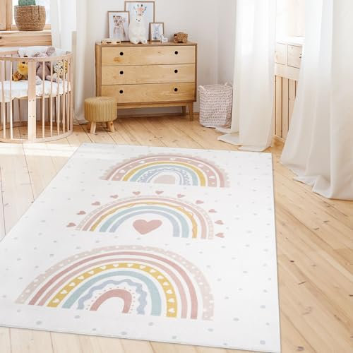 TT Home Kinderzimmerteppich Teppich Junge Mädchen Kinderteppich Baby Herzen Pastell, Farbe:Rosa Beige, Größe:160x220 cm