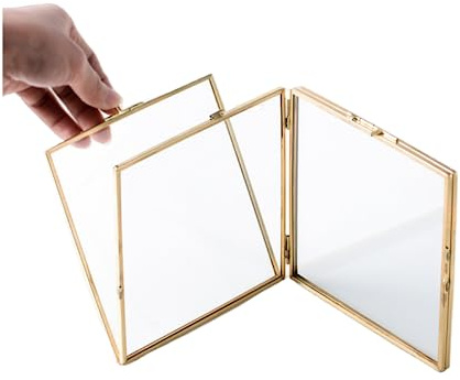 Gold Double Folding Photo Frame,Hinged Picture Frames with Glass Front,Double Display Holder Desk Vertical Floating Frame 3x4or 5x3.5 Photo-Metal Double Page (3.5x5)