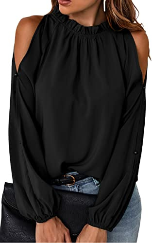 Toplop Womens Cold Shoulder Blouse Long Sleeve - Ruffle Neckline Tunic Top, Casual Elegant Shirt for Work Office Party Black Large