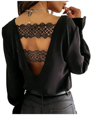 FRESQA Pull en Dentelle ajourée au Dos, Chemisier Blanc, Mode Sexy, col en v, Chemise à Manches Longues, Automne et Hiver